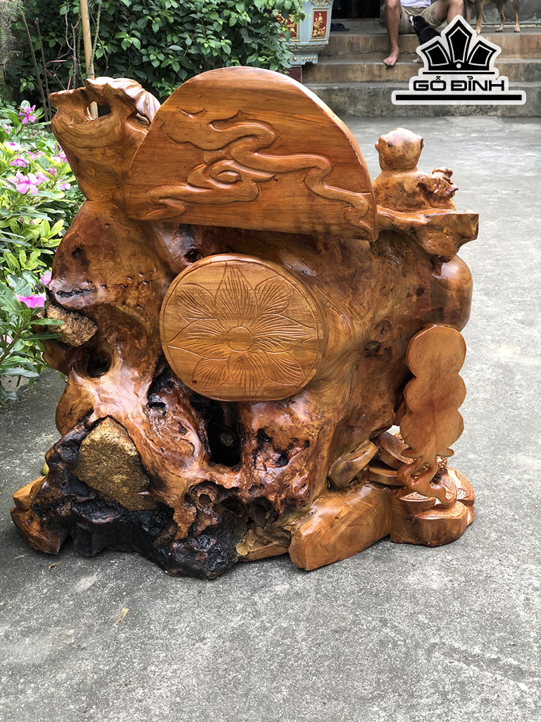 Tượng Phật Di Lặc Ngũ Phúc Gỗ Hương Ôm Đá Cao 74 Ngang 70 Sâu 37 (cm)