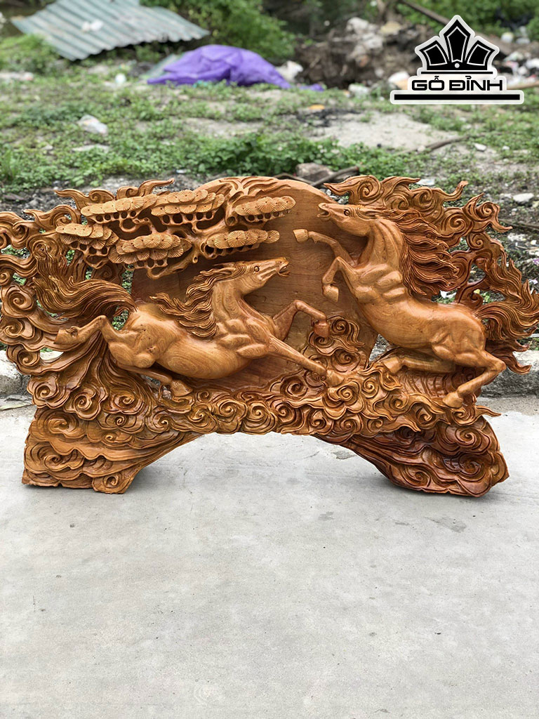 Tượng Song Mã Uyên Ương Gỗ Hương Cao 69 Ngang 110 Sâu 17 (cm)
