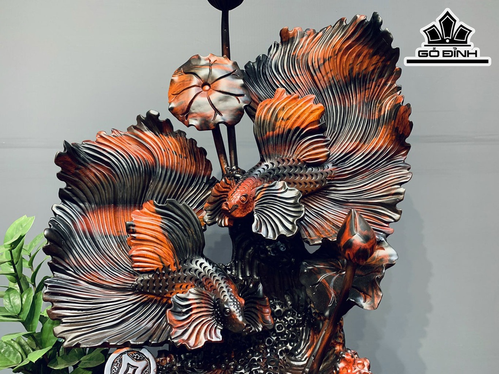 Tượng Cá Xiêm Đôi Gỗ Trắc Cao 80 Ngang 55 Sâu 35 (cm)