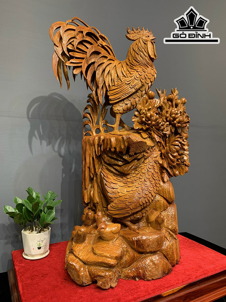 Tượng Gia Đình Gà Gỗ Hương Cao 90 Ngang 55 Sâu 29 (cm)