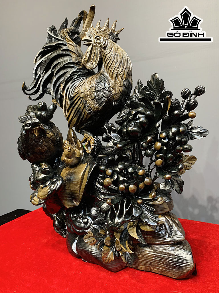 Tượng Gia Đình Gà Gỗ Mun Sừng Cao 65 Ngang 50 Sâu 24 (cm)