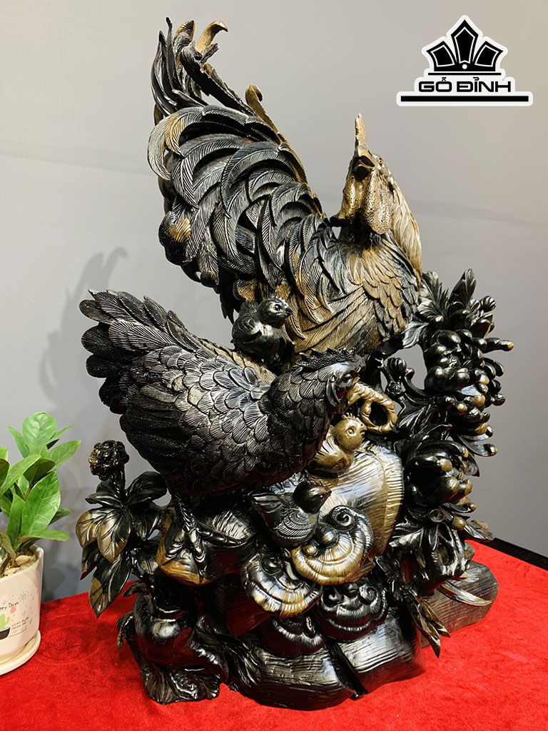 Tượng Gia Đình Gà Gỗ Mun Sừng Cao 65 Ngang 50 Sâu 24 (cm)