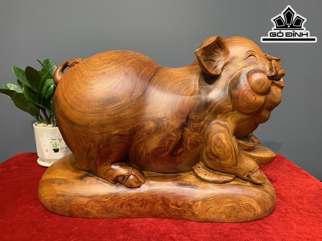 Tượng Heo Phong Thủy Gỗ Hương Cao 28 Ngang 33 Sâu 20 (cm)