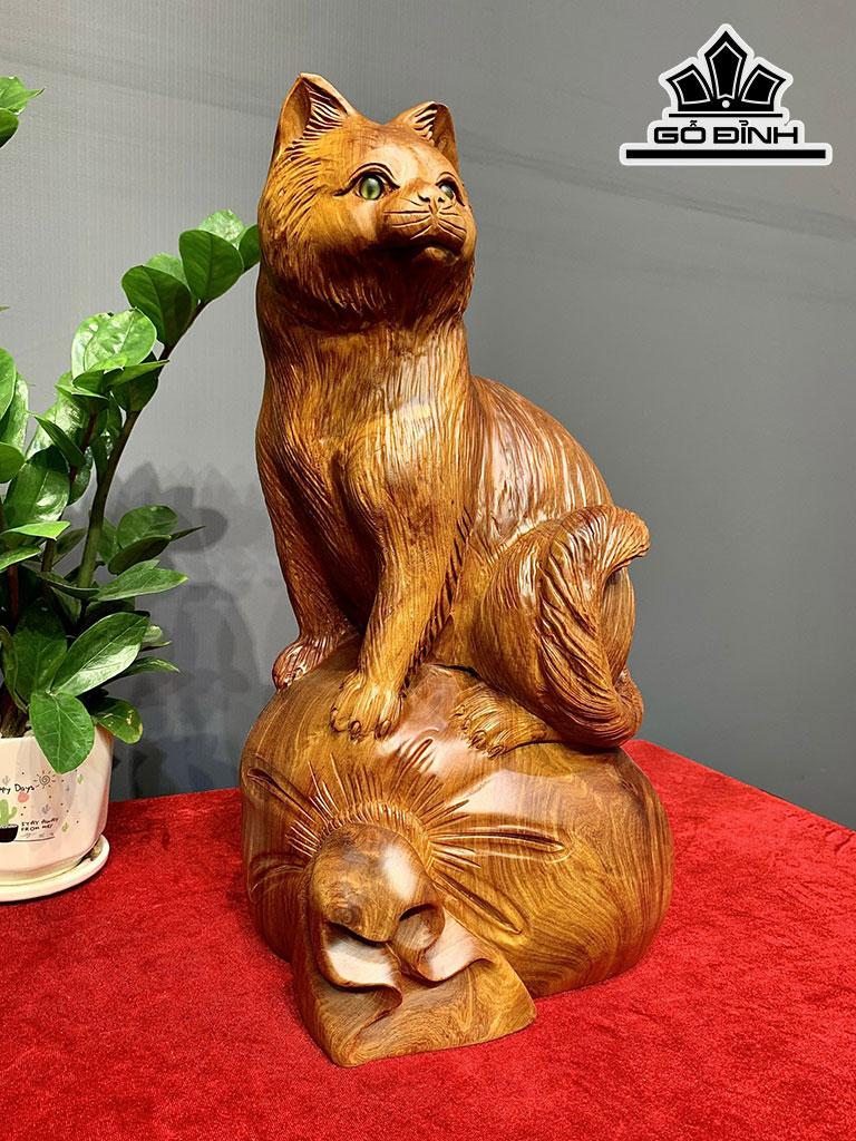 Tượng Mèo Gỗ Hương Cao 45 Ngang 23 Sâu 20 (cm)