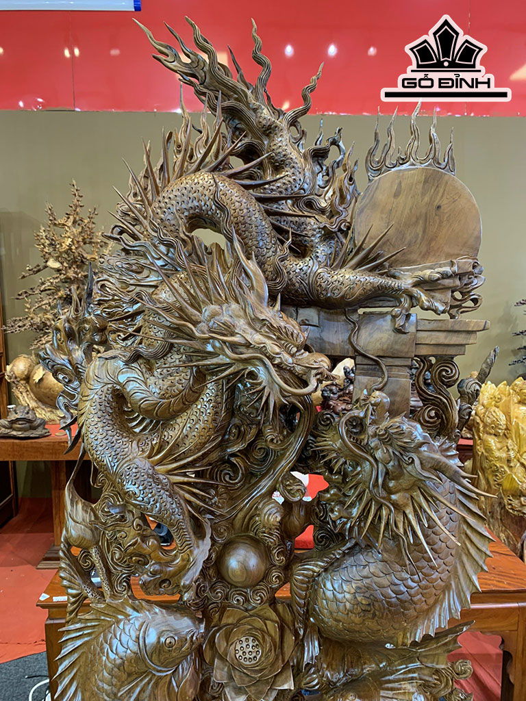 Tượng Ngũ Ngư Hoá Rồng Gỗ Bách Xanh Cao 196 Ngang 79 Sâu 33 (cm)
