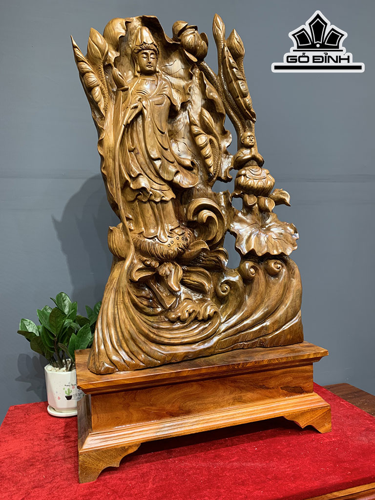 Tượng Phật Bà Quan Âm Gỗ Bách Xanh Cao 83 Ngang 46 Sâu 20 (cm)