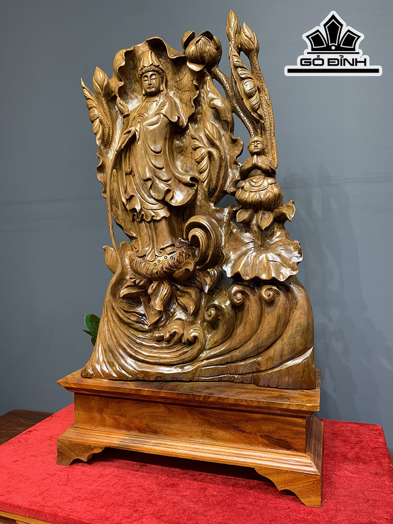 Tượng Phật Bà Quan Âm Gỗ Bách Xanh Cao 83 Ngang 46 Sâu 20 (cm)