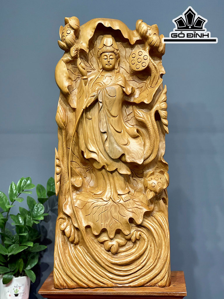 Tượng Phật Bà Quan Âm Gỗ Ngọc Am Cao 85 Ngang 40 Sâu 20 (cm)