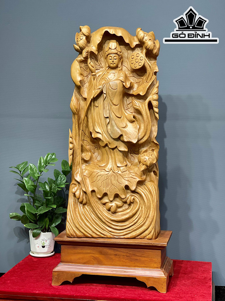 Tượng Phật Bà Quan Âm Gỗ Ngọc Am Cao 85 Ngang 40 Sâu 20 (cm)