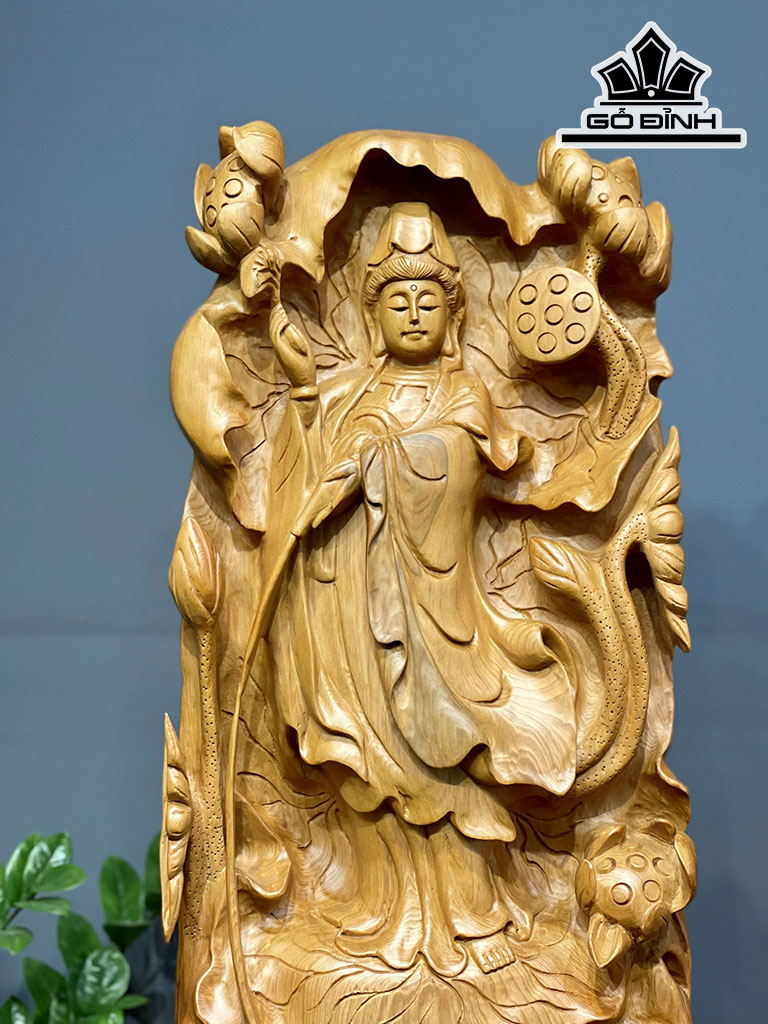 Tượng Phật Bà Quan Âm Gỗ Ngọc Am Cao 85 Ngang 40 Sâu 20 (cm)