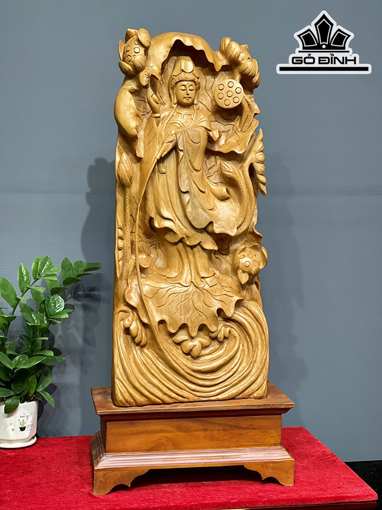 Tượng Phật Bà Quan Âm Gỗ Ngọc Am Cao 85 Ngang 40 Sâu 20 (cm)
