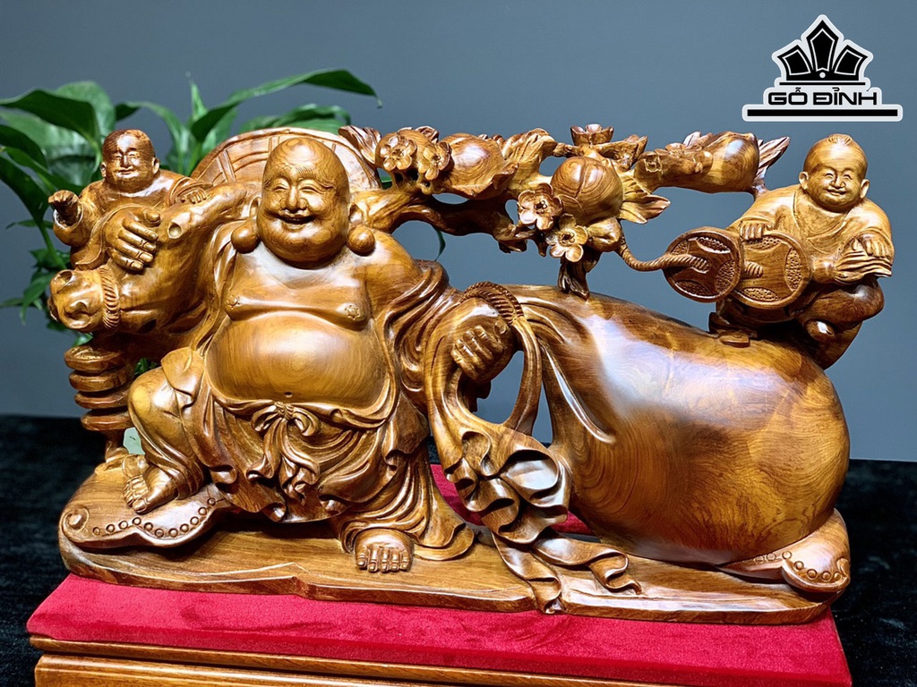 Tượng Phật Di Lặc Kéo Bao Tiền Gỗ Hương Cao 30 Ngang 50 Sâu 11 (cm)