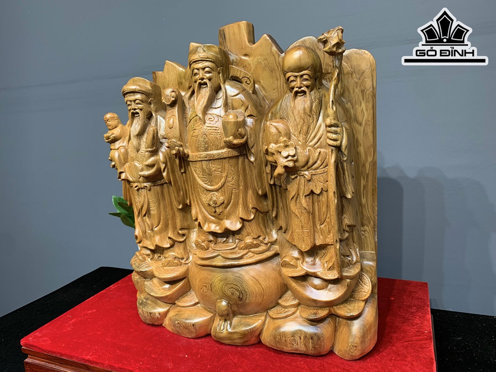 Tượng Phúc Lộc Thọ (Tam Đa) Gỗ Ngọc Am Cao 56 Ngang 51 Sâu 16 (cm)