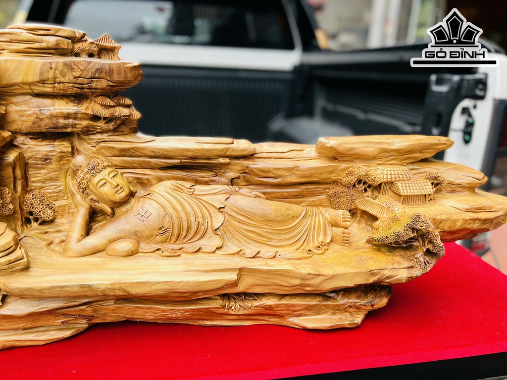 Phật Niết Bàn Gỗ Tùng Tuyết Cao 49 Ngang 100 Sâu 30 (cm)