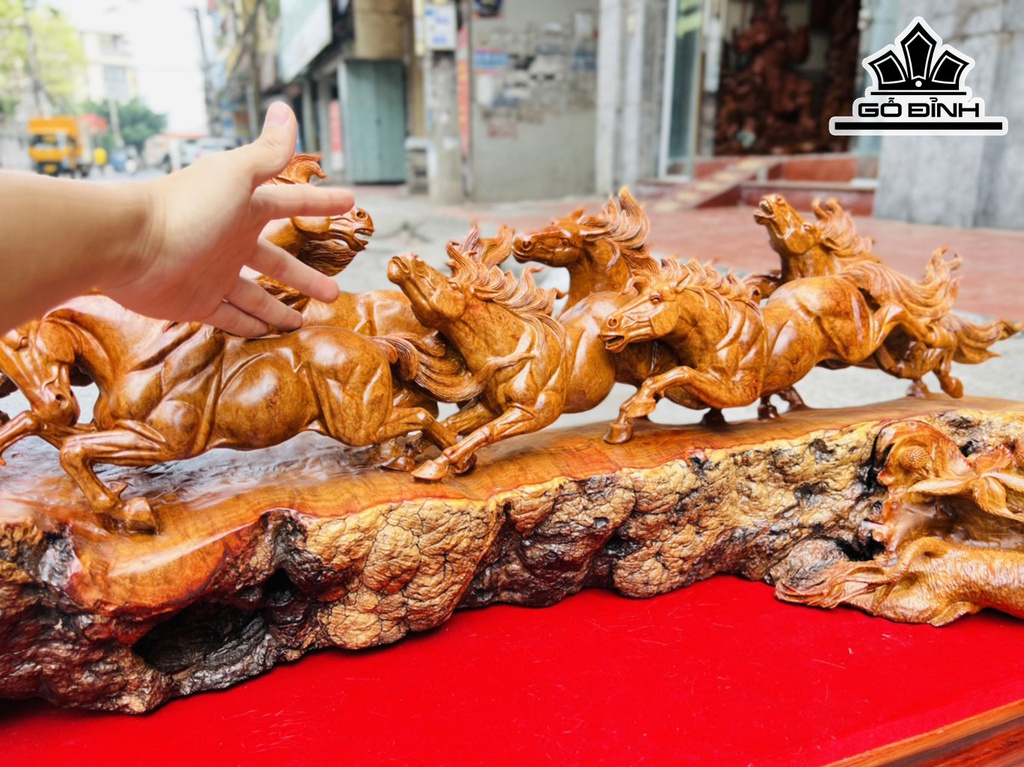 Tượng Bát Mã Gỗ Nu Hương Cao 60 Ngang 135 Sâu 28 (cm)