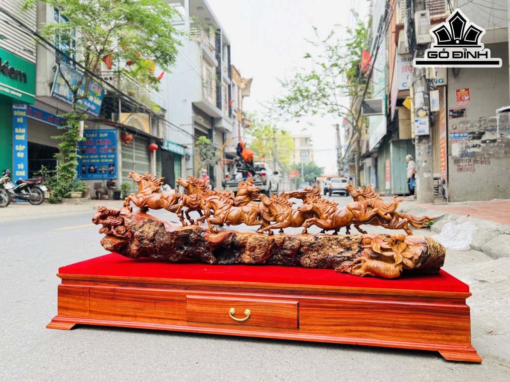 Tượng Bát Mã Gỗ Nu Hương Cao 60 Ngang 135 Sâu 28 (cm)