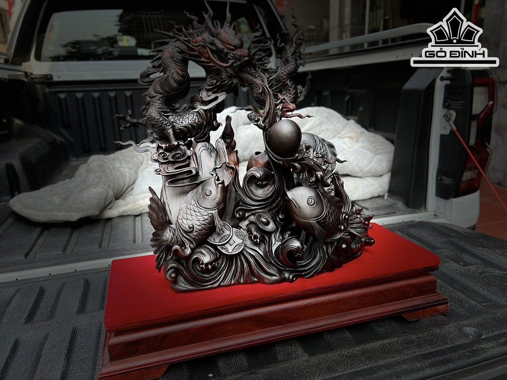 Tượng Long Ngư Vờn Ngọc Gỗ Trắc Cao 57 Ngang 50 Sâu 30 (cm)