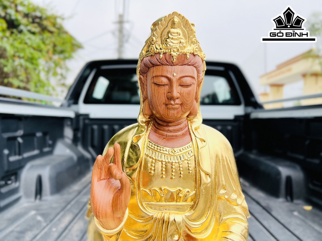 Tượng Phật Bà Quan Âm Gỗ Hương Cao 32 Ngang 32 Sâu 60 (cm)