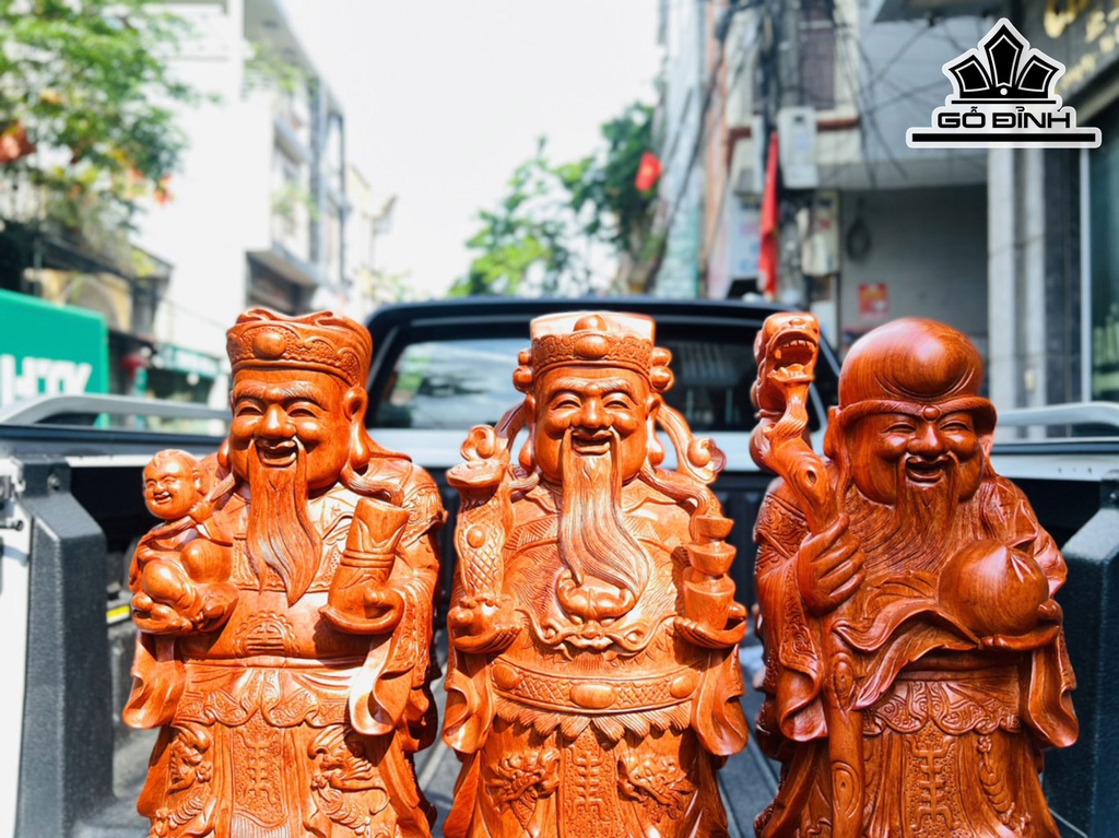 Tượng Phúc Lộc Thọ (Tam Đa) Gỗ Hương Ngang 22 Cao 60 Sâu 18 (cm)