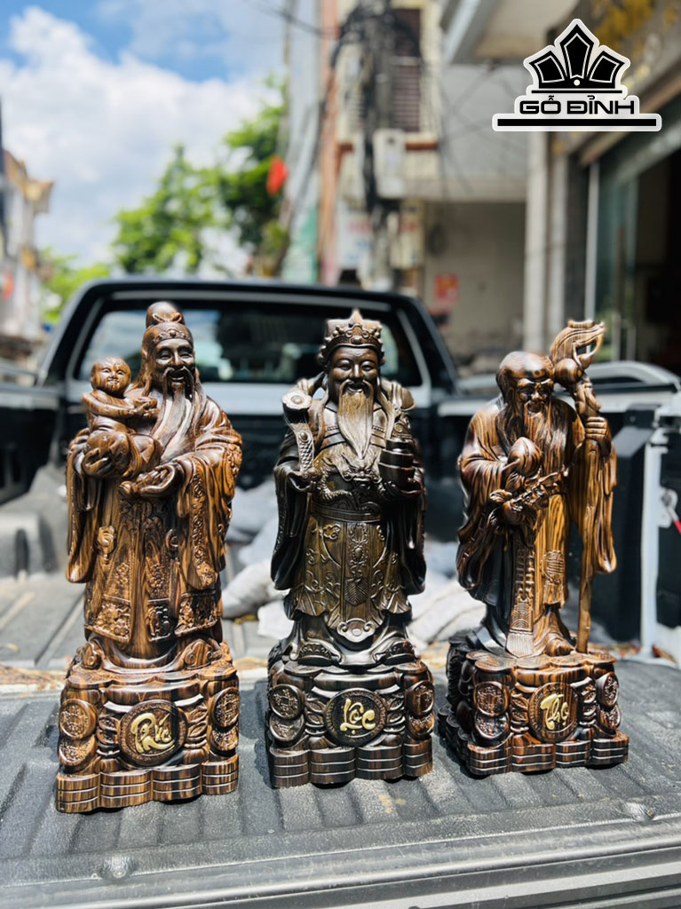 Tượng Phúc Lộc Thọ (Tam Đa) Gỗ Mun Hoa Ngang 21 Cao 60 Sâu 15 (cm)