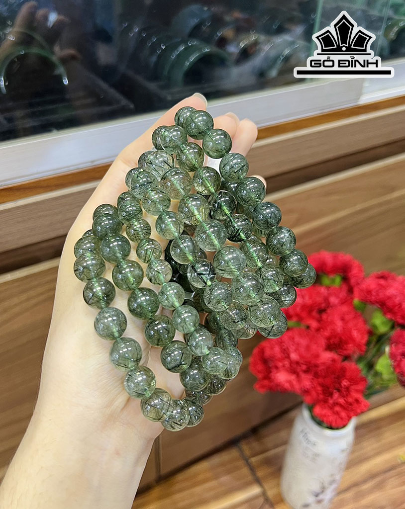 Vòng Tay Đá Thạch Anh Tóc Xanh Đường Kính Hạt 8-13 (mm)