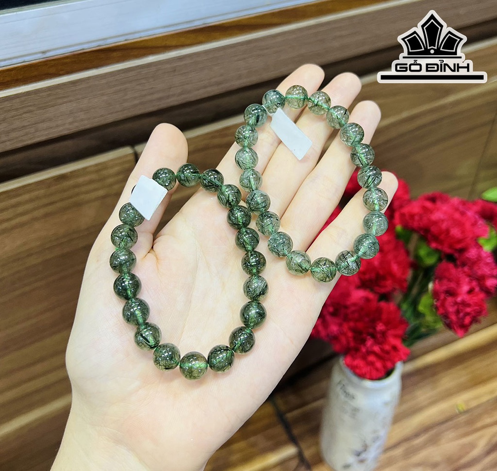 Vòng Tay Đá Thạch Anh Tóc Xanh Đường Kính Hạt 8-13 (mm)