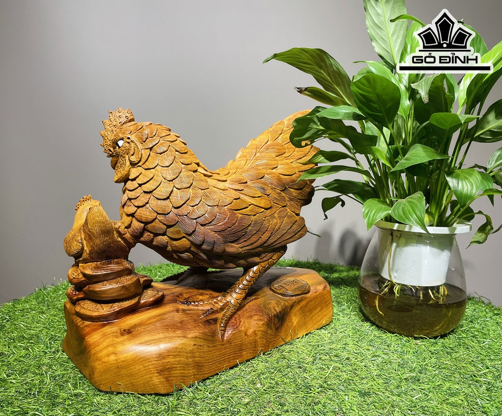 Tượng Gà Phong Thủy Gỗ Hương Cao 25 Ngang 30 Sâu 15 (cm)