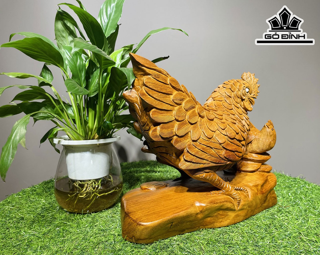 Tượng Gà Phong Thủy Gỗ Hương Cao 25 Ngang 30 Sâu 15 (cm)