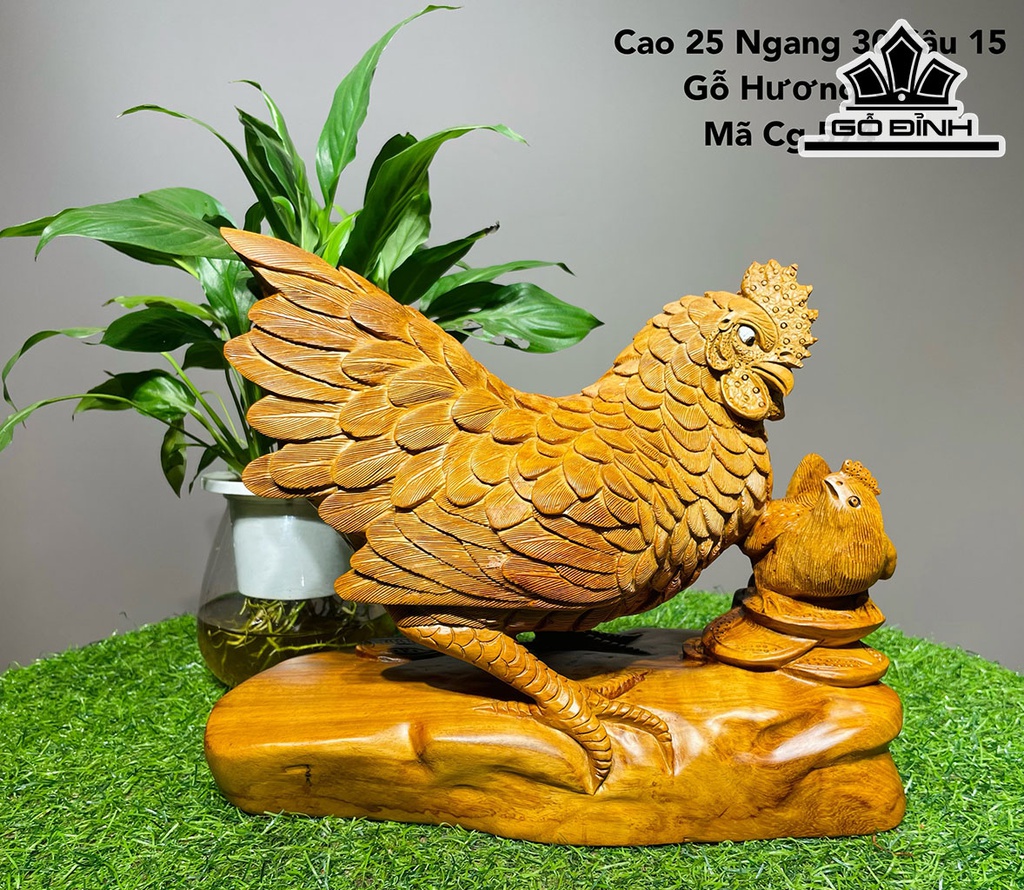 Tượng Gà Phong Thủy Gỗ Hương Cao 25 Ngang 30 Sâu 15 (cm)