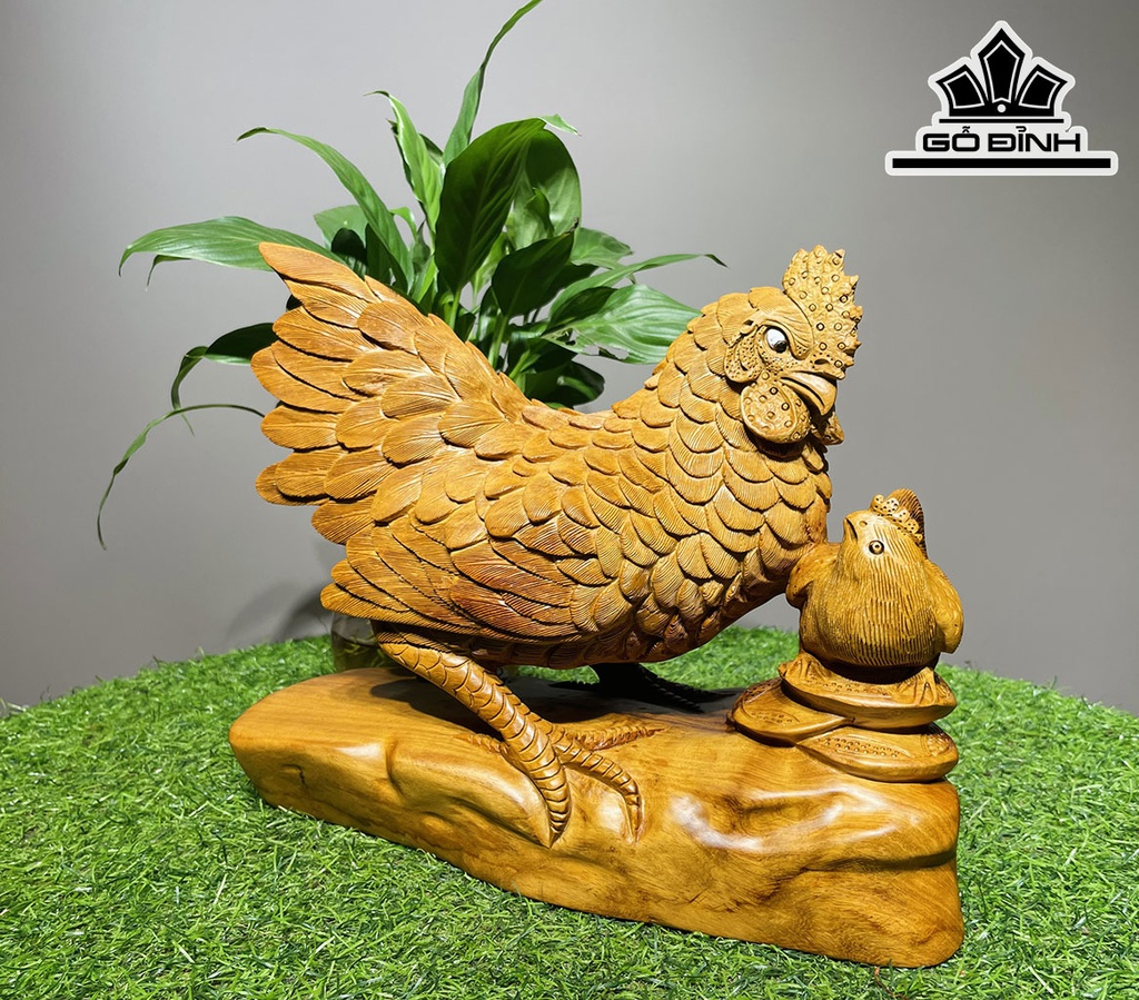 Tượng Gà Phong Thủy Gỗ Hương Cao 25 Ngang 30 Sâu 15 (cm)