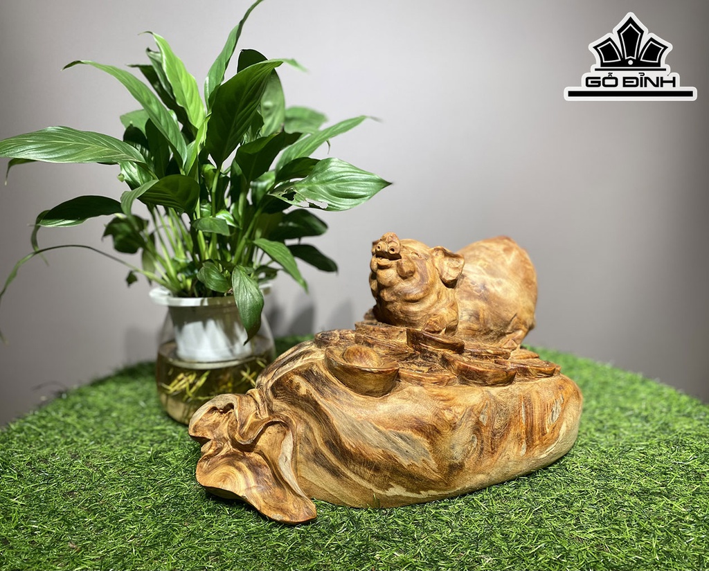 Tượng Heo Phong Thủy Gỗ Pơ Mu Cao 18 Ngang 35 Sâu 22 (cm)