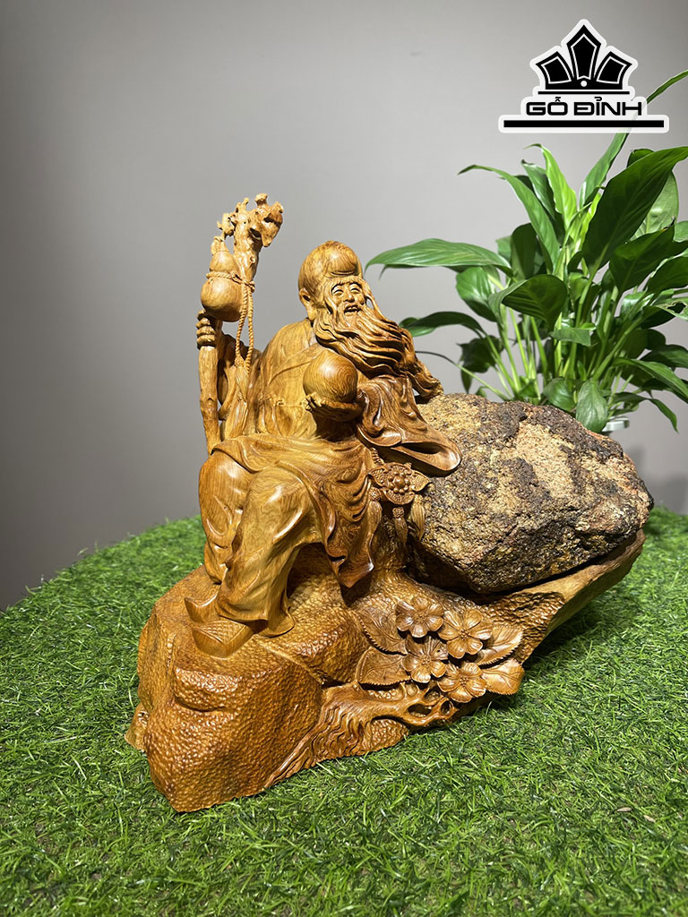 Tượng Ông Thọ Gỗ Hương Ôm Đá Cao 29 Ngang 30 Sâu 18 (cm)