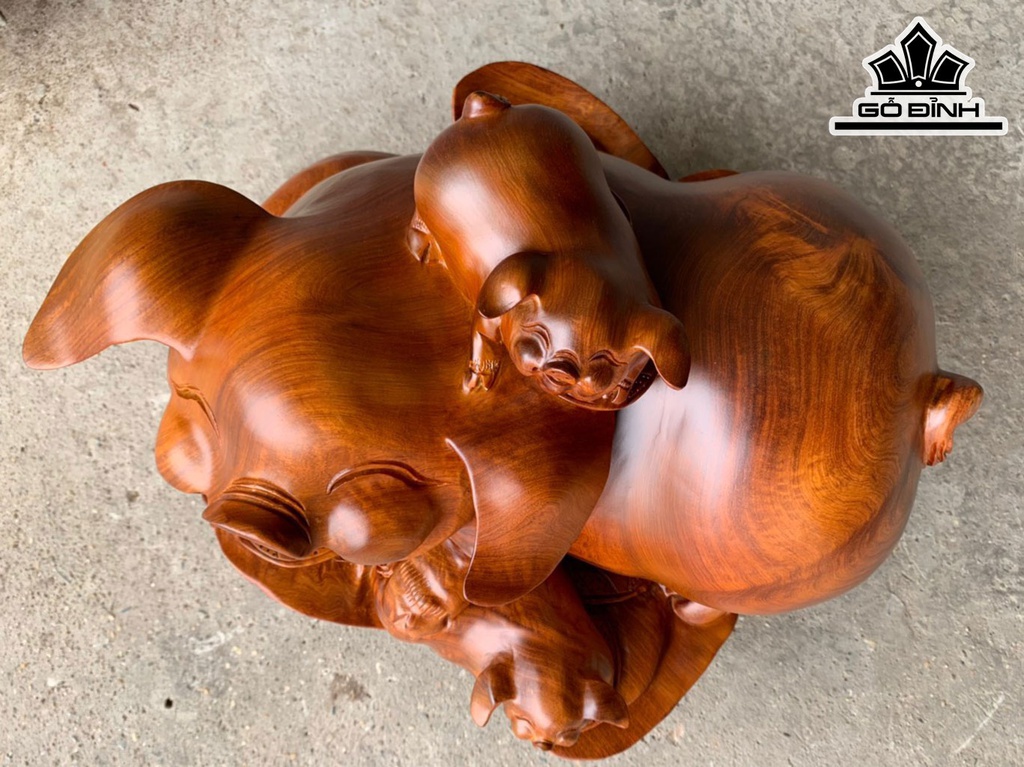 Tượng Heo Mẫu Tử Gỗ Hương Ngang 50 Cao 34 Sâu 48 (cm)