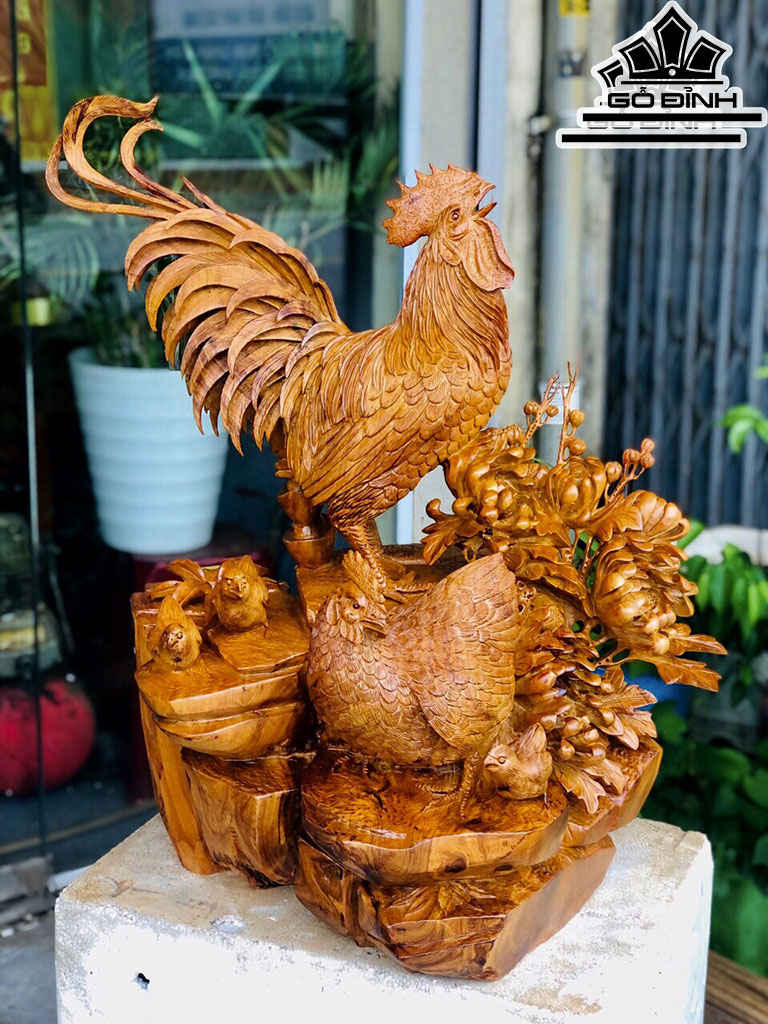 Tượng Gà Phong Thủy Gỗ Hương Cao 62 Ngang 53 Sâu 42 (cm)