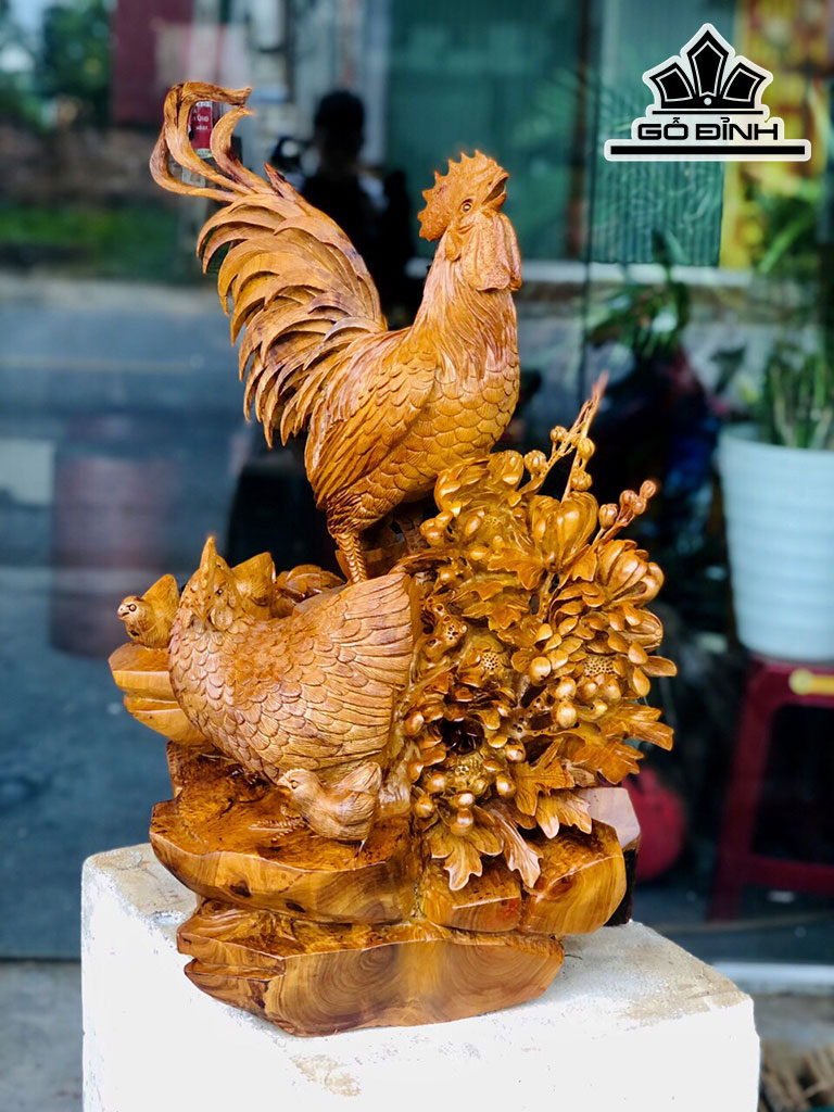 Tượng Gà Phong Thủy Gỗ Hương Cao 62 Ngang 53 Sâu 42 (cm)