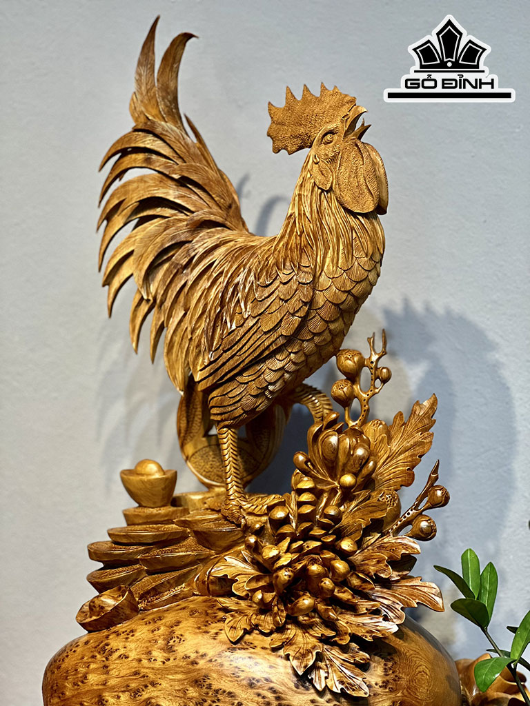 Tượng Gà Trống Phong Thủy Gỗ Nu Ngọc Am Cao 76 Ngang 42 Sâu 38 (cm)