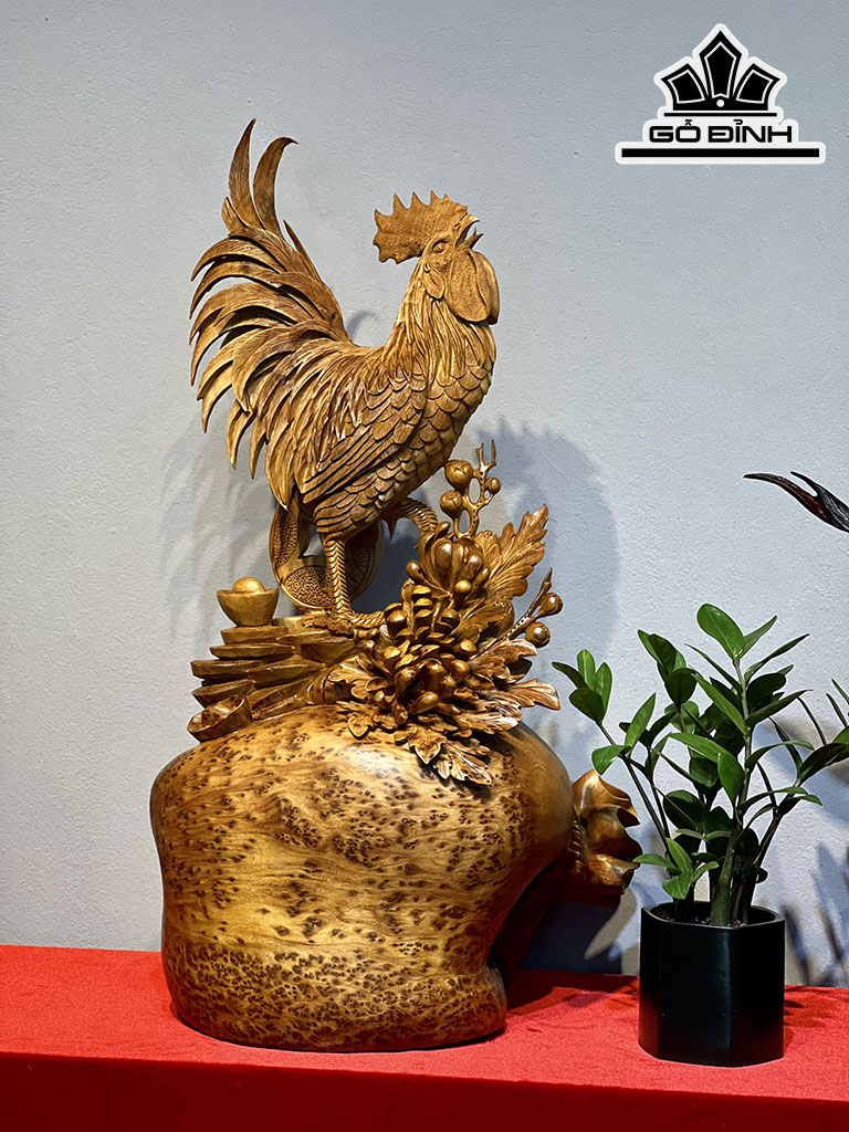 Tượng Gà Trống Phong Thủy Gỗ Nu Ngọc Am Cao 76 Ngang 42 Sâu 38 (cm)