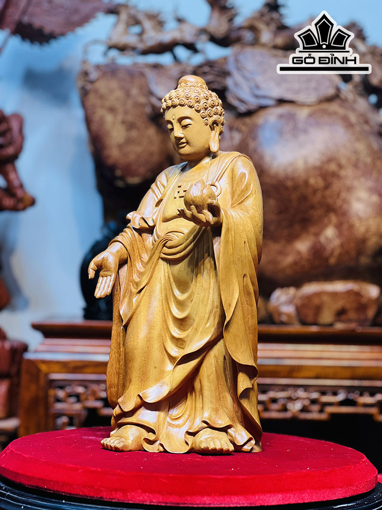 Tượng Phật Tổ Gỗ Mít Cao 43 Ngang 18 Sâu 18 (cm)