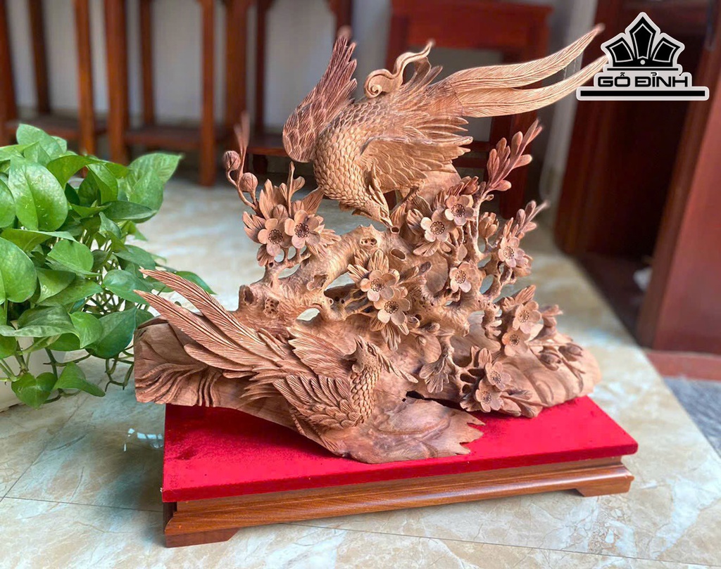 Tượng Chim Uyên Ương Mai Trĩ Gỗ Hương Cao 48 Ngang 54 Sâu 16 (cm)