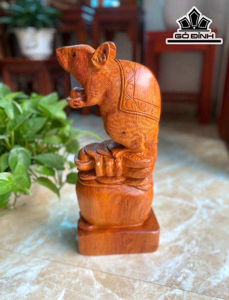 Tượng Chuột Phong Thủy Gỗ Hương Cao 44 Ngang 18 Sâu 12 (cm)
