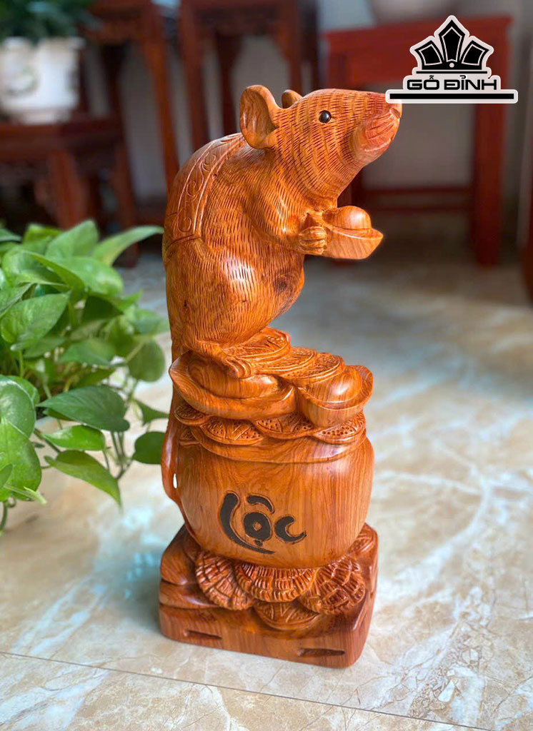 Tượng Chuột Phong Thủy Gỗ Hương Cao 44 Ngang 18 Sâu 12 (cm)