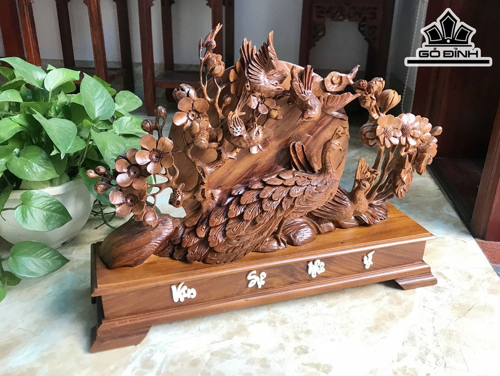 Tượng Phu Thê Viên Mãn Gỗ Bách Xanh Cao 41 Ngang 55 Sâu 10 (cm)