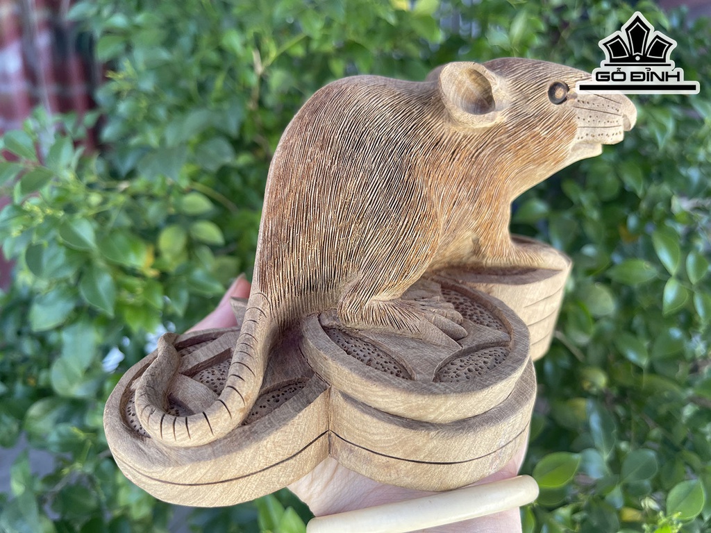 Tượng Chuột Phong Thủy Gỗ Bách Xanh Cao 9 Ngang 15 Sâu 9 (cm)