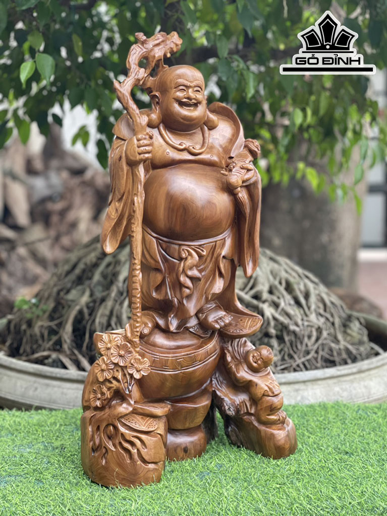 Tượng Phật Di Lặc Gỗ Bách Xanh Cao 70 Ngang 35 Sâu 19 (cm)