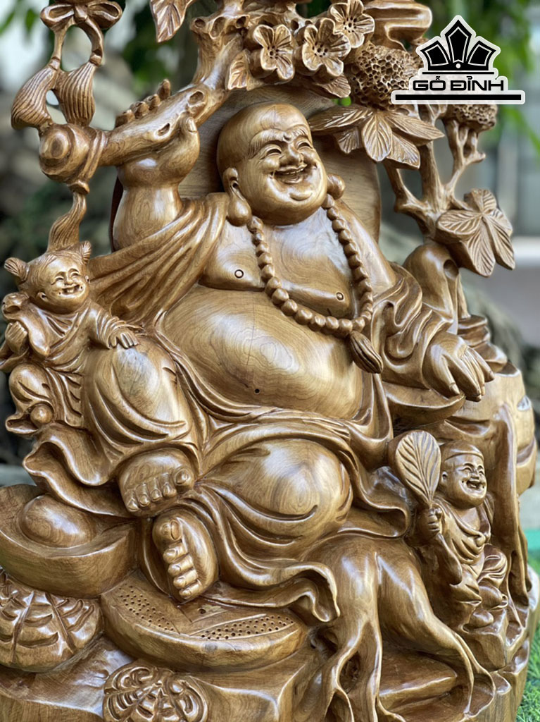 Tượng Phật Di Lặc Nhị Phúc Gỗ Bách Xanh Cao 64 Ngang 44 Sâu 20 (cm)