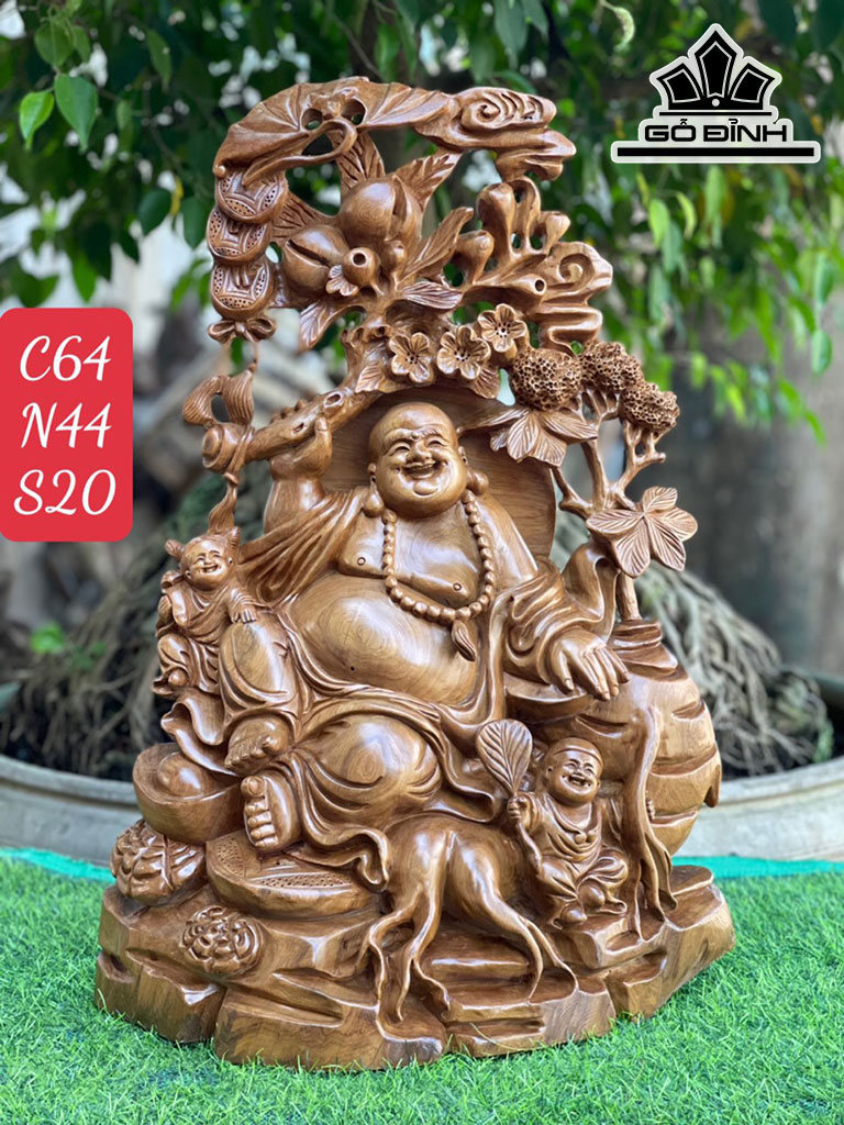 Tượng Phật Di Lặc Nhị Phúc Gỗ Bách Xanh Cao 64 Ngang 44 Sâu 20 (cm)