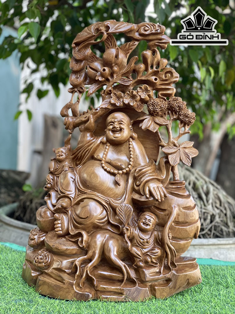 Tượng Phật Di Lặc Nhị Phúc Gỗ Bách Xanh Cao 64 Ngang 44 Sâu 20 (cm)