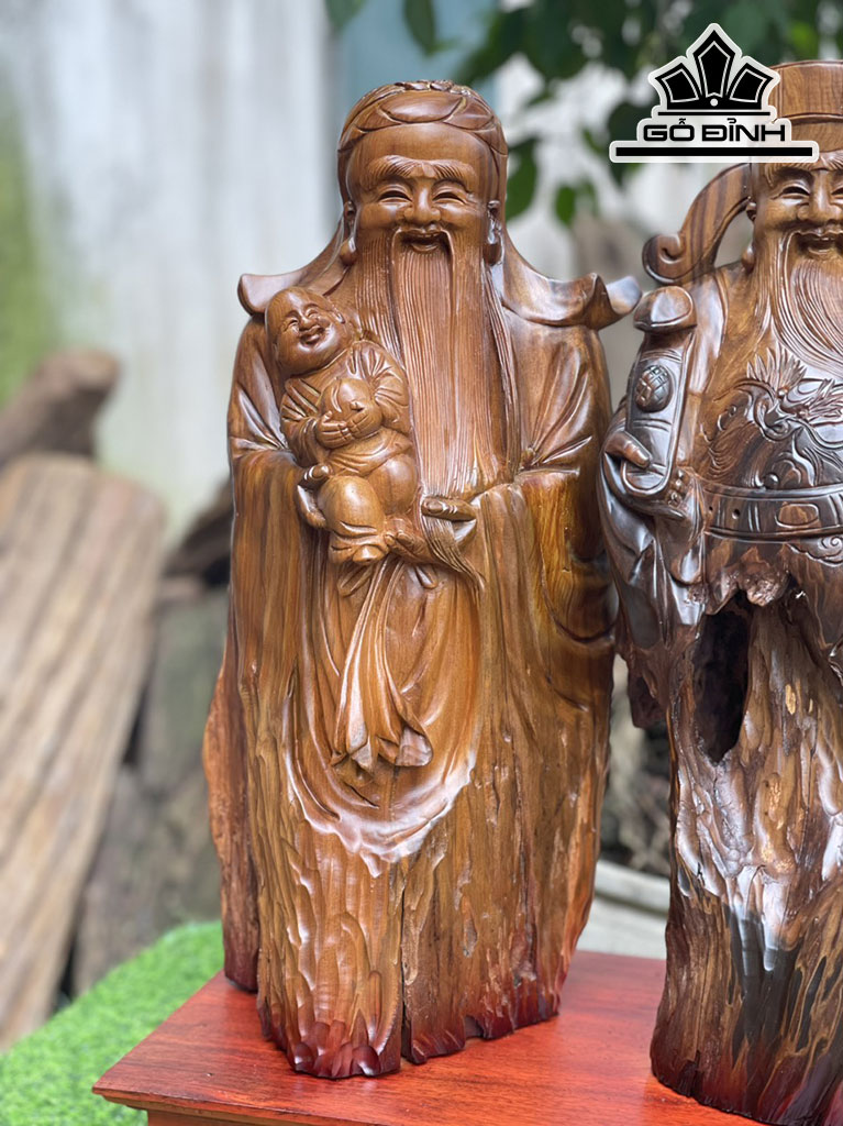 Tượng Phúc Lộc Thọ (Tam Đa) Gỗ Bách Xanh Cao 51 Ngang 26 Sâu 21 (cm)