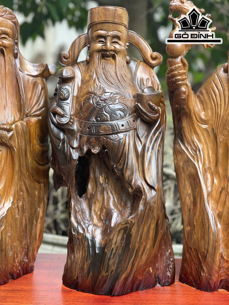 Tượng Phúc Lộc Thọ (Tam Đa) Gỗ Bách Xanh Cao 51 Ngang 26 Sâu 21 (cm)