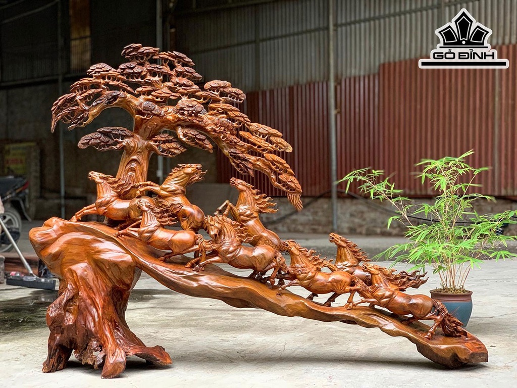 Tượng Bát Mã Gỗ Bách Xanh Ngang 100 Cao 114 Sâu 30 (cm)